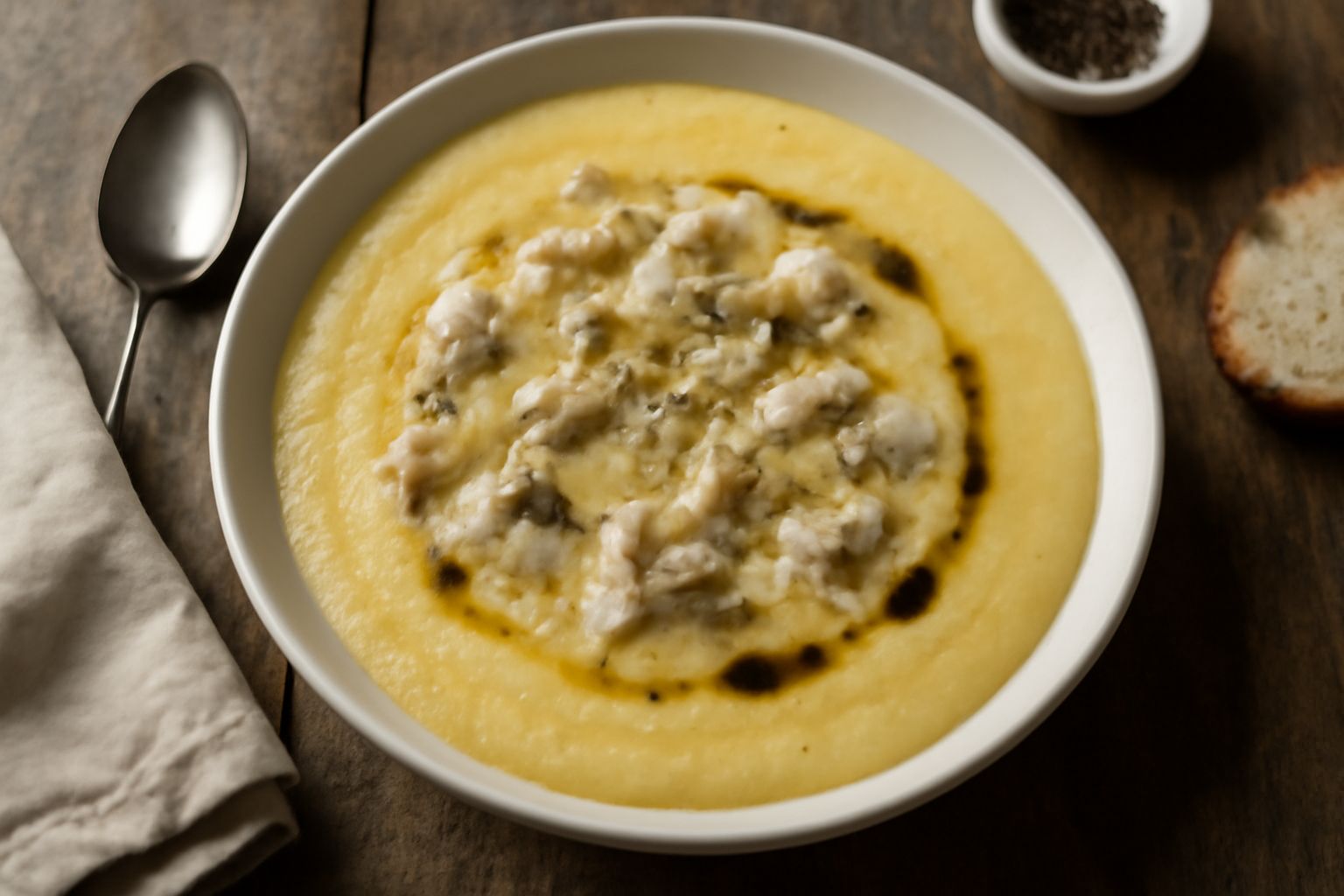 Una ciotola di ceramica bianca con zuppa di polenta color crema, baccalà grigio-bianco in pezzi, brodo trasparente, sale fino e pepe nero visibile in superficie, piatto appoggiato su tavolo di legno s