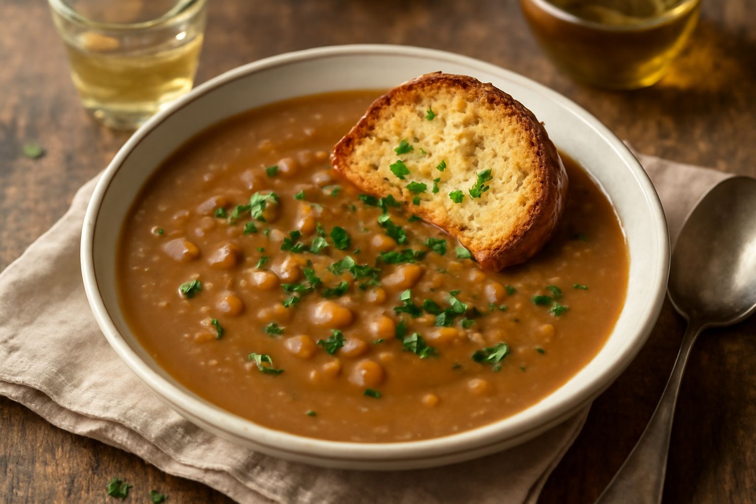 Zuppa in ciotola di ceramica bianca: fagioli rosa e lenticchie rosse in brodo trasparente, cubi di pane tostato affondati nel liquido, fettine di cipolla bionda e foglie di prezzemolo fresco sulla sup
