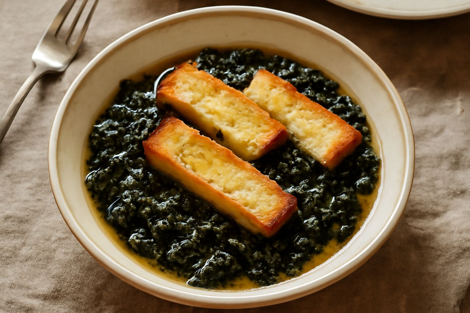 Zuppa senese in ciotola bianca: cavolo nero scuro e listelli di pane tostato in brodo trasparente, da servire con un filo d'olio d'oliva in superficie
