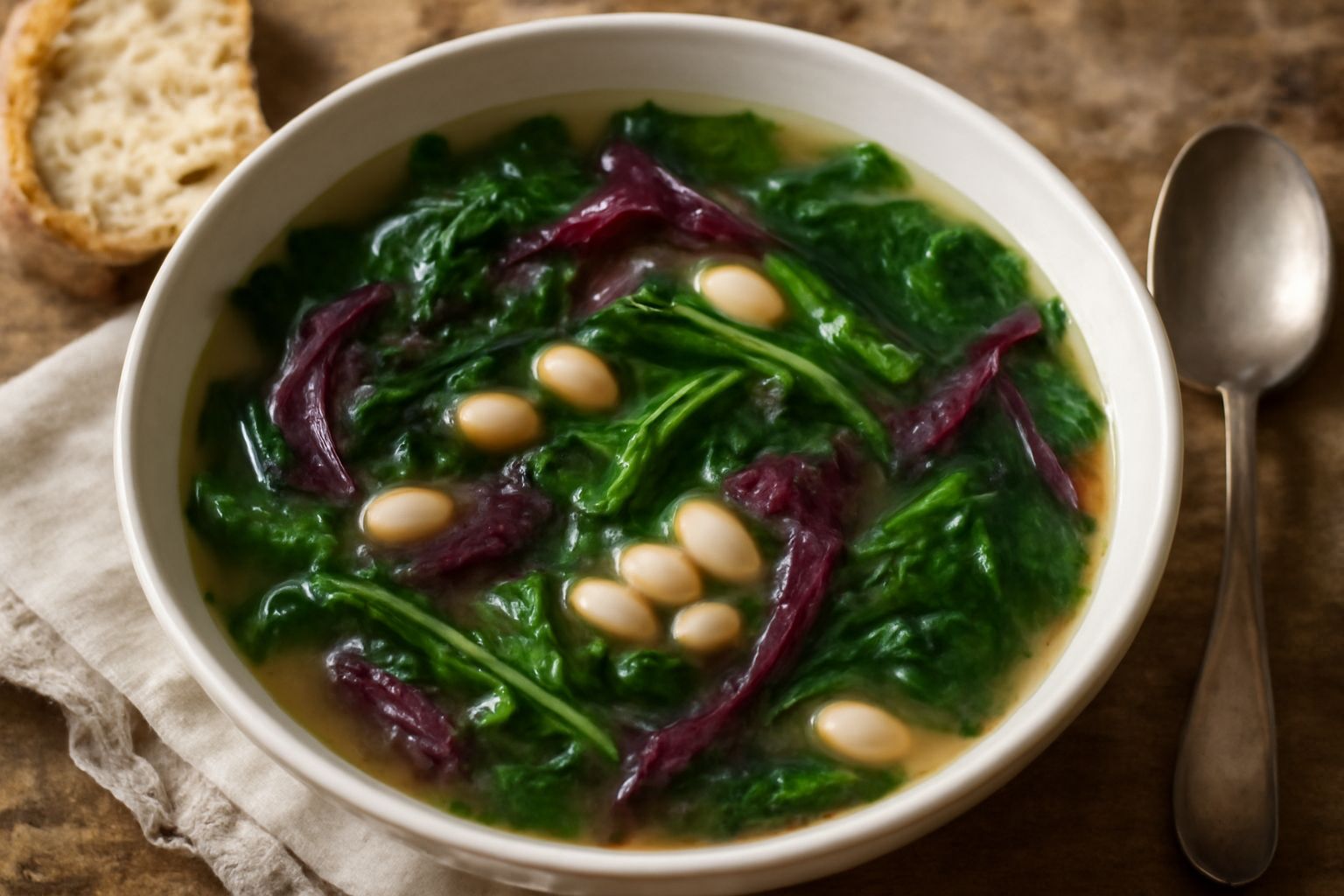 Ciotola di zuppa senese con verdure verdi e scure, cavolo rosso tagliato a strisce, foglie di spinaci e bietola visibili nel brodo trasparente, pane toscano sbriciolato ai bordi della ciotola bianca