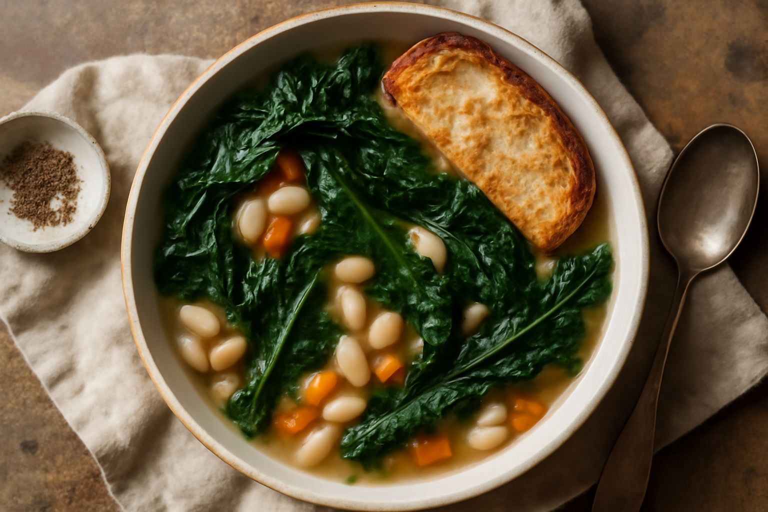 Zuppa toscana in ciotola bianca con cavolo nero verde scuro, fagioli beige chiari, fette di pane tostato galleggianti nel brodo trasparente, gocce d'olio d'oliva giallo in superficie