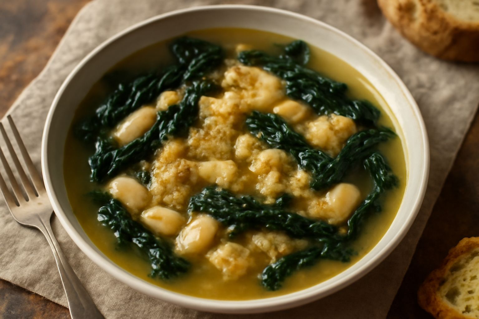 Zuppa toscana spoletina in una ciotola di ceramica bianca: cavolo nero scuro, fagioli bianchi, brodo trasparente, olio d'oliva in gocce sulla superficie, accompagnata da fettine di pane tostato sul bo