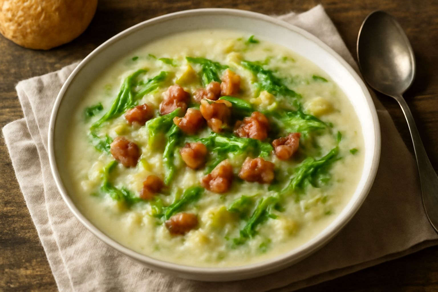 Zuppa trentina di cavolo in ciotola bianca con cavolo verza tagliato a strisce, cubetti di patata morbida, pancetta dorata, brodo trasparente e pane tostato a lato