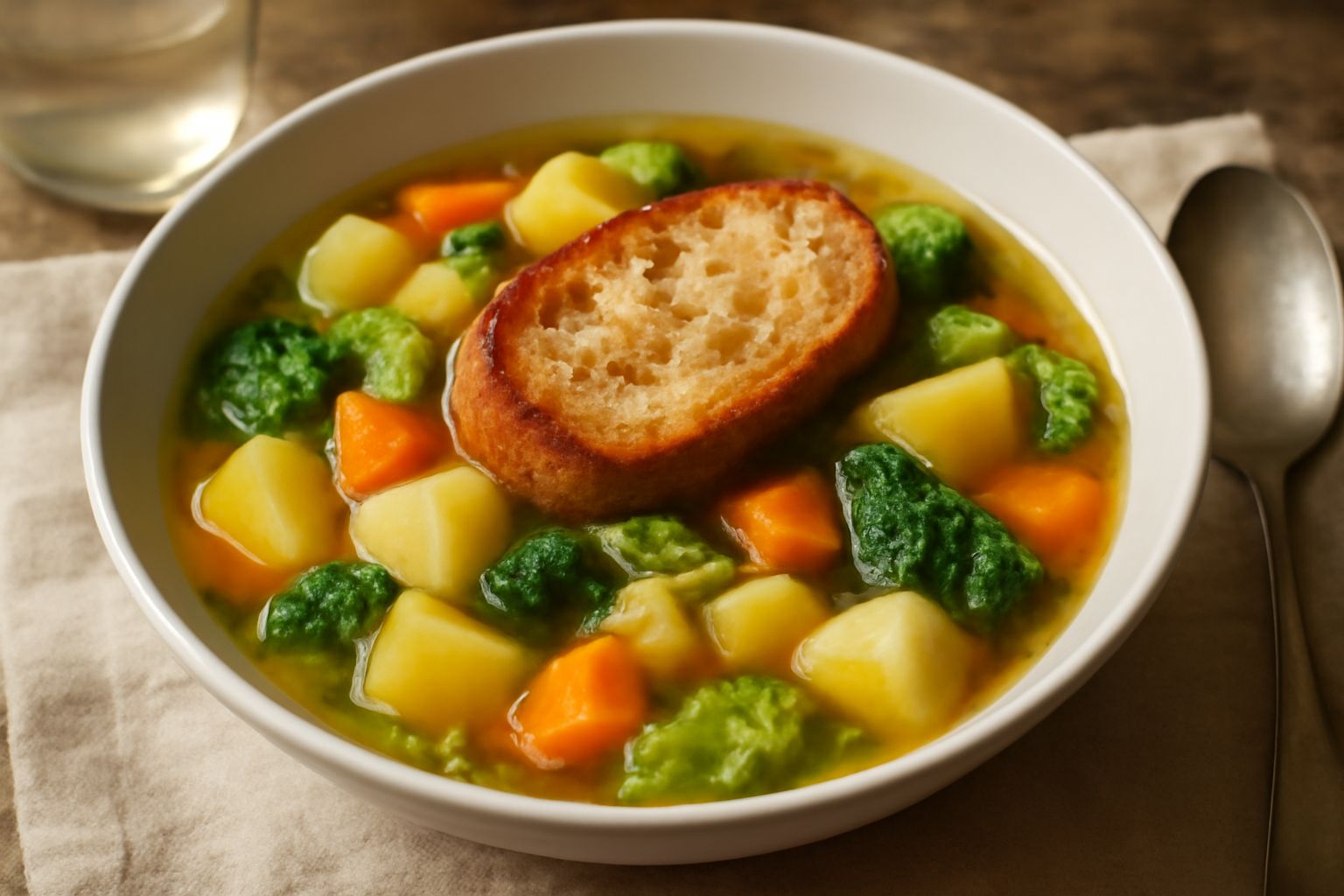 Zuppa trentina di verdure in una ciotola di ceramica bianca: cavolo verde, carote, patate e pane tostato galleggiano in un brodo dorato fumante, con una cucchiaiata di brodo visibile, servita su un ta