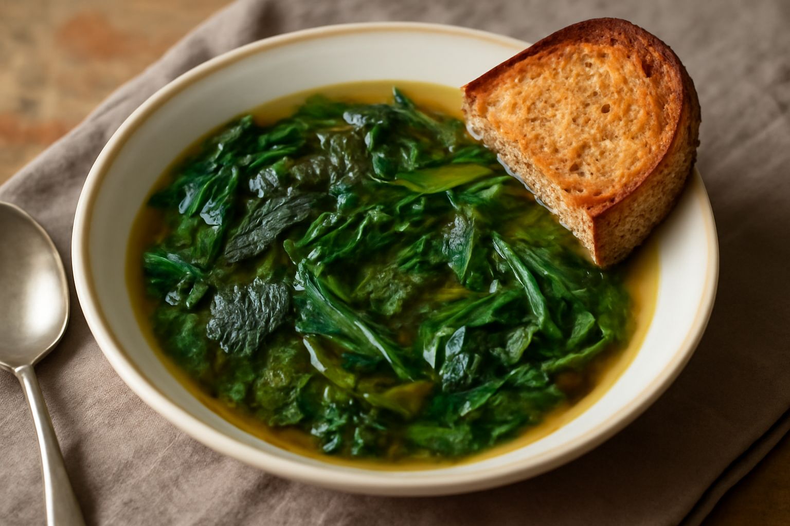 Zuppa d'erbe selvatiche in ciotola bianca, brodo trasparente color ambra con frammenti di erbe verdi e grigie, fette di pane tostato ai lati, cucchiaio di legno appoggiato sul bordo