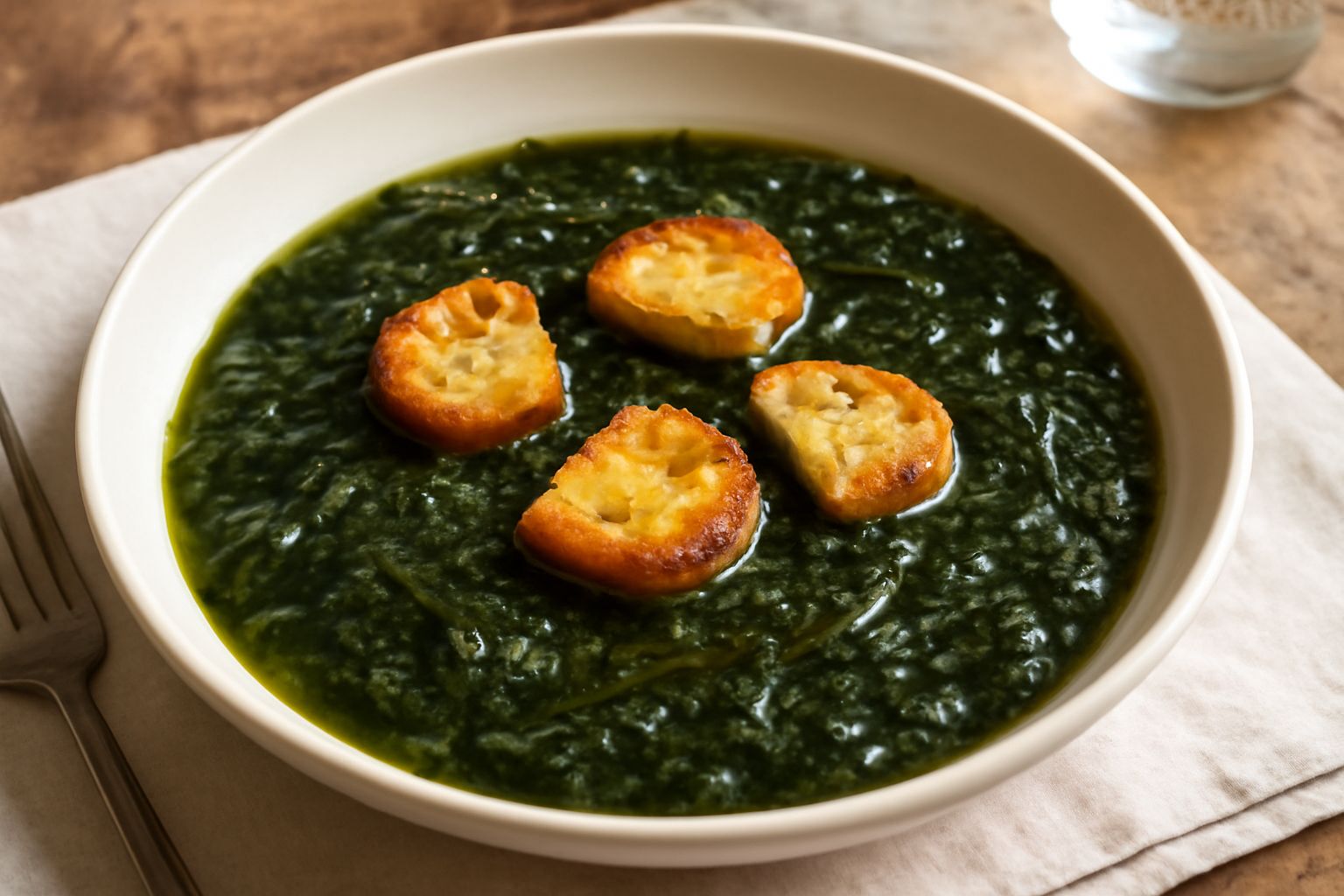 Zuppa di erbe selvatiche in ciotola bianca, brodetto verde intenso con fettucce di verdure, guarnita con crostini di pane tostato e filo di olio extravergine di oliva