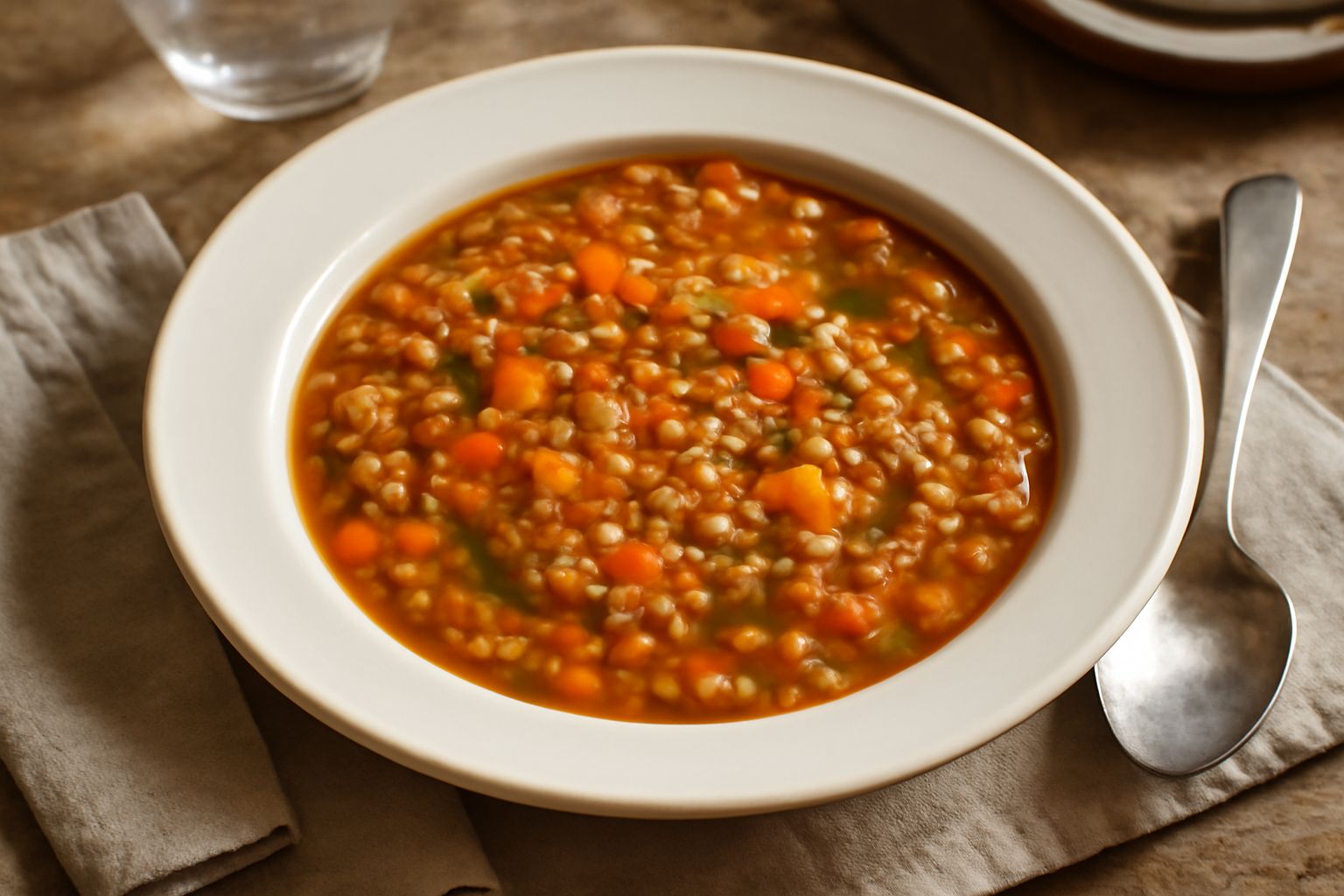 Zuppa di farro in ciotola di ceramica bianca, con grani di farro visibili in brodo denso, pezzi di zucca arancione, sedano e carota, rifinita con olio e prezzemolo fresco