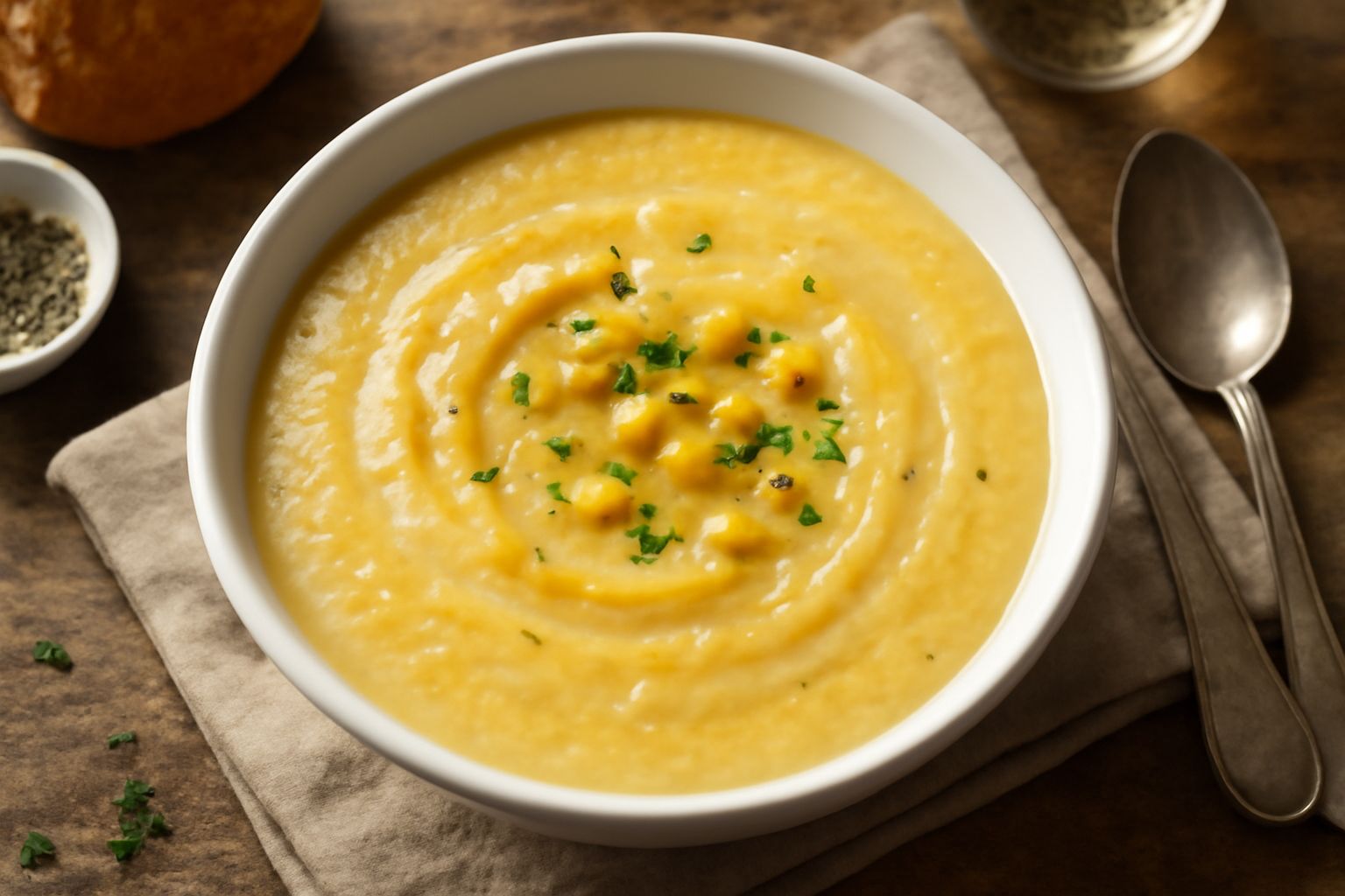 Zuppa di granturco giallo oro servita in una ciotola bianca, con una manciata di chicchi più scuri in superficie, una goccia di olio verde, pangrattato tostato ai bordi e un cucchiaio di legno accanto