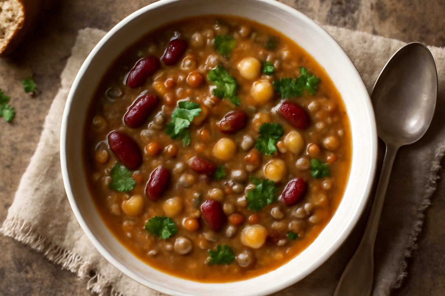 Ciotola di zuppa di legumi misti con colori che vanno dal rosso dei fagioli al marrone delle lenticchie e al beige dei ceci, liquido leggermente denso, guarnita con prezzemolo fresco verde, cucchiaio 