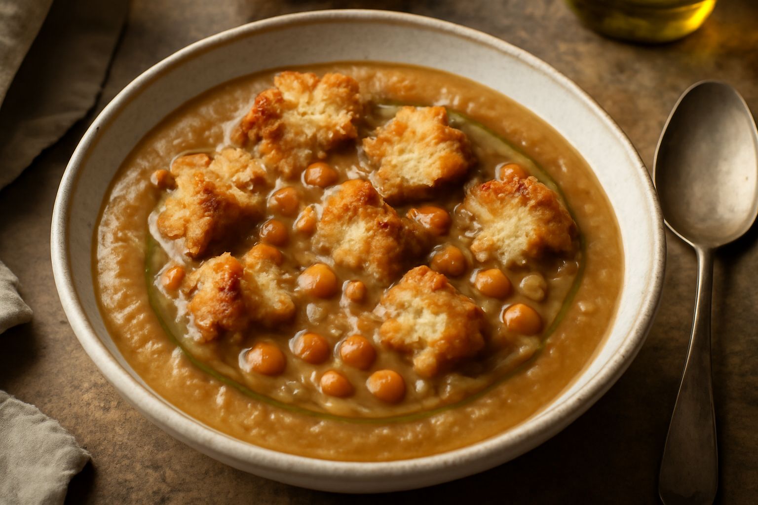 Zuppa di legumi densa e fumante in ciotola bianca, con pezzi di pane raffermo tostato galleggianti in superficie, olio d'oliva in fili, verdure soffritte visibili e prezzemolo fresco sparso