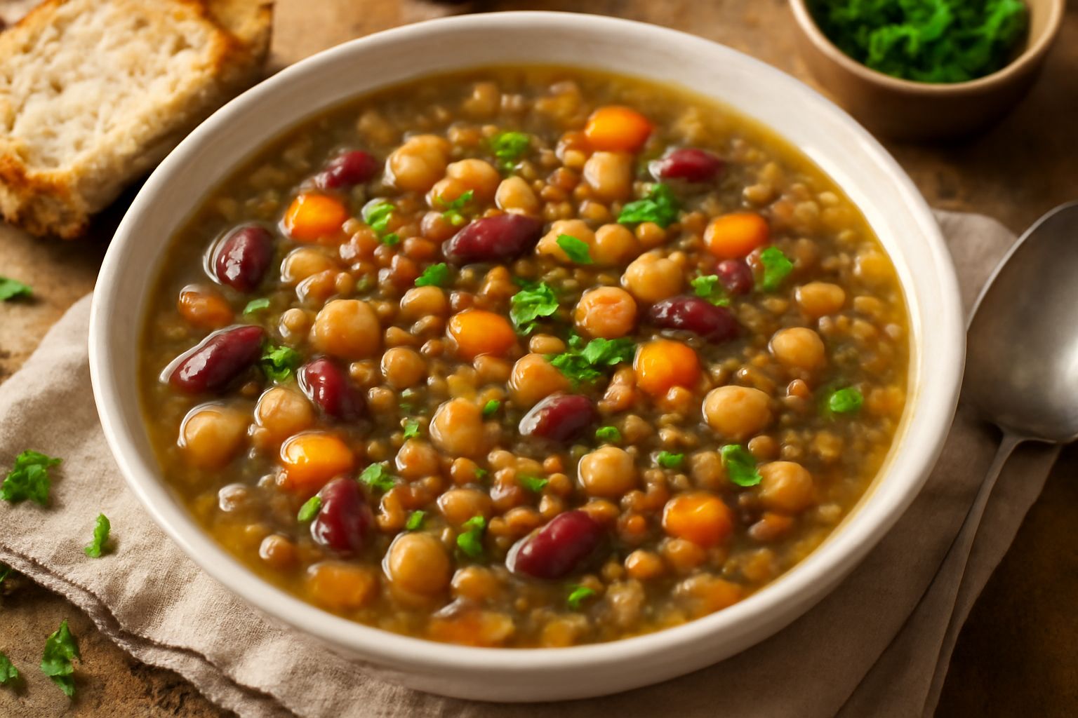 Zuppa di legumi misti in ciotola bianca: fagioli rossi, lenticchie marroni, ceci gialli e verdi, con carota tagliata a dadini e prezzemolo fresco sopra, brodo trasparente e denso, servita con pane tos