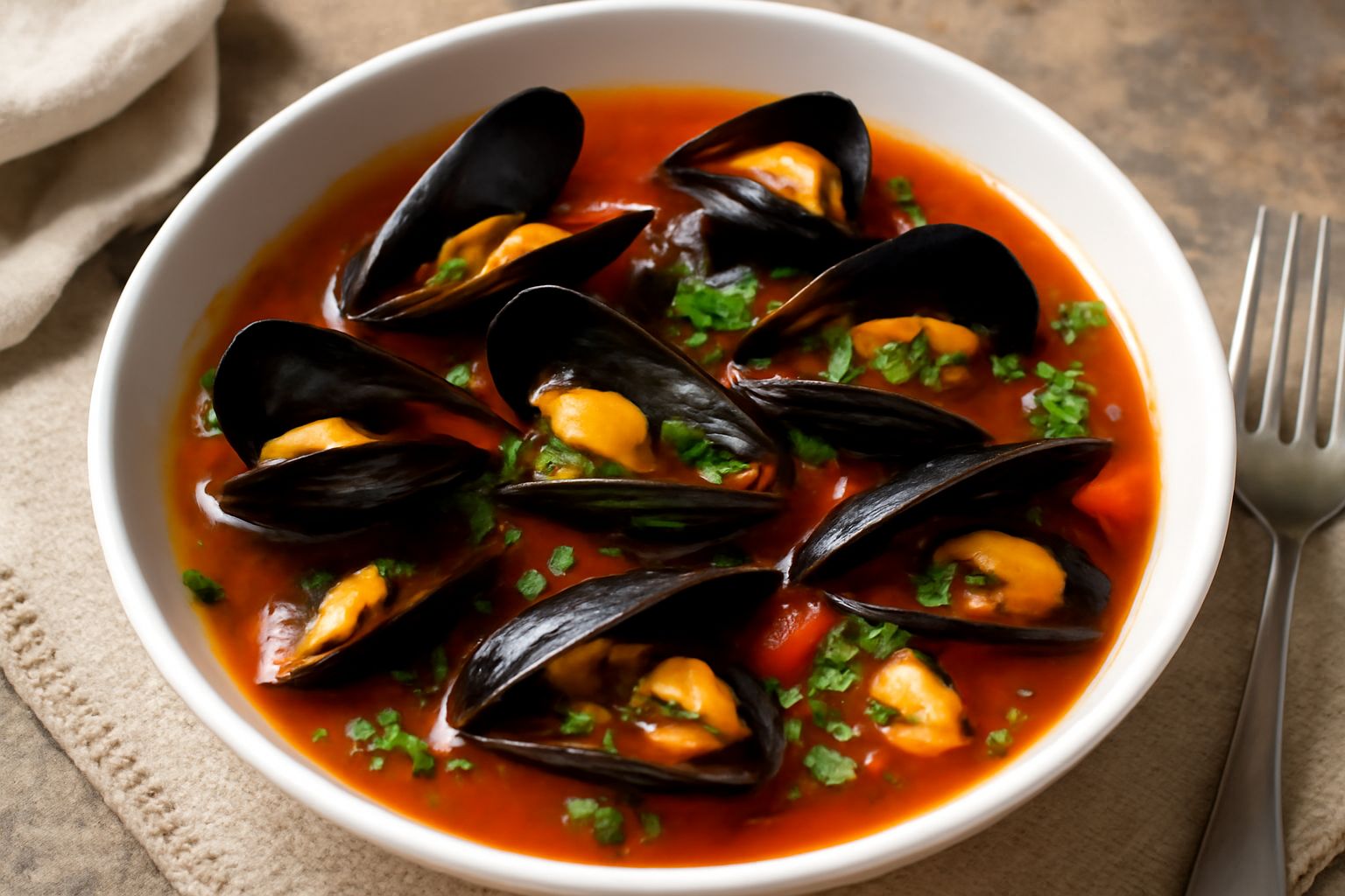 Ciotola di zuppa di muscoli in brodo rosso con gusci neri aperti, prezzemolo verde spezzettato sulla superficie, fetta di pane tostato appoggiata al bordo