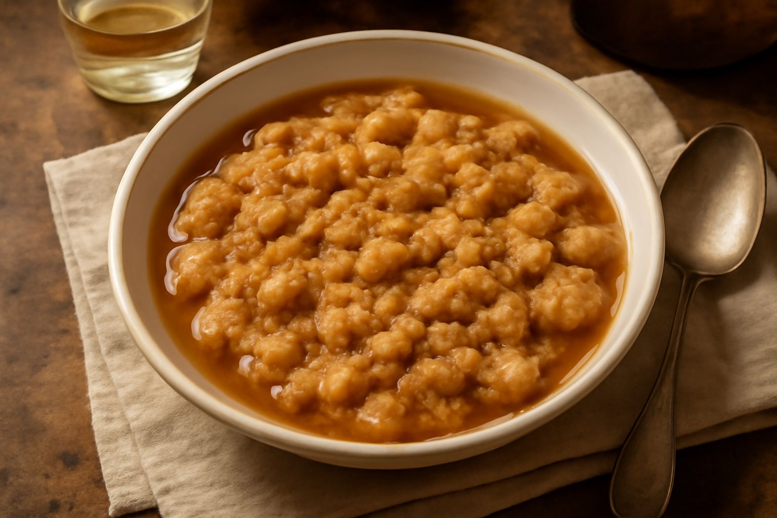 Ciotola di ceramica bianca con zuppa densa: brodo trasparente color ambra, cubetti di pane dorato ammorbidito, pezzetti di carota arancione e sedano, cipolla bianca, superficie liscia, cucchiaio di le