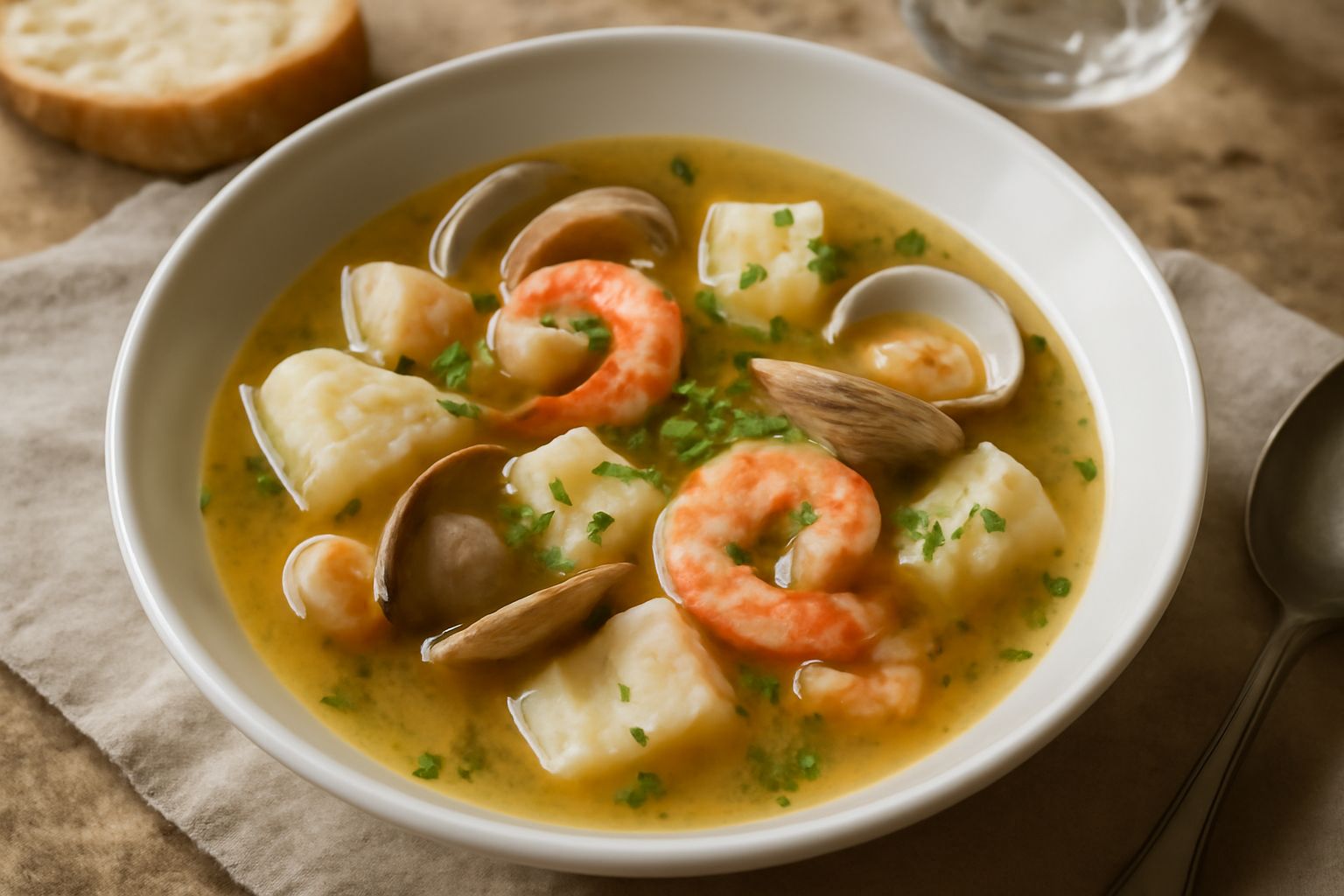 Ciotola bianca con zuppa di pesce: brodo dorato, vongole aperte, pezzi di nasello e gamberi, pane tostato sul bordo, prezzemolo fresco sopra