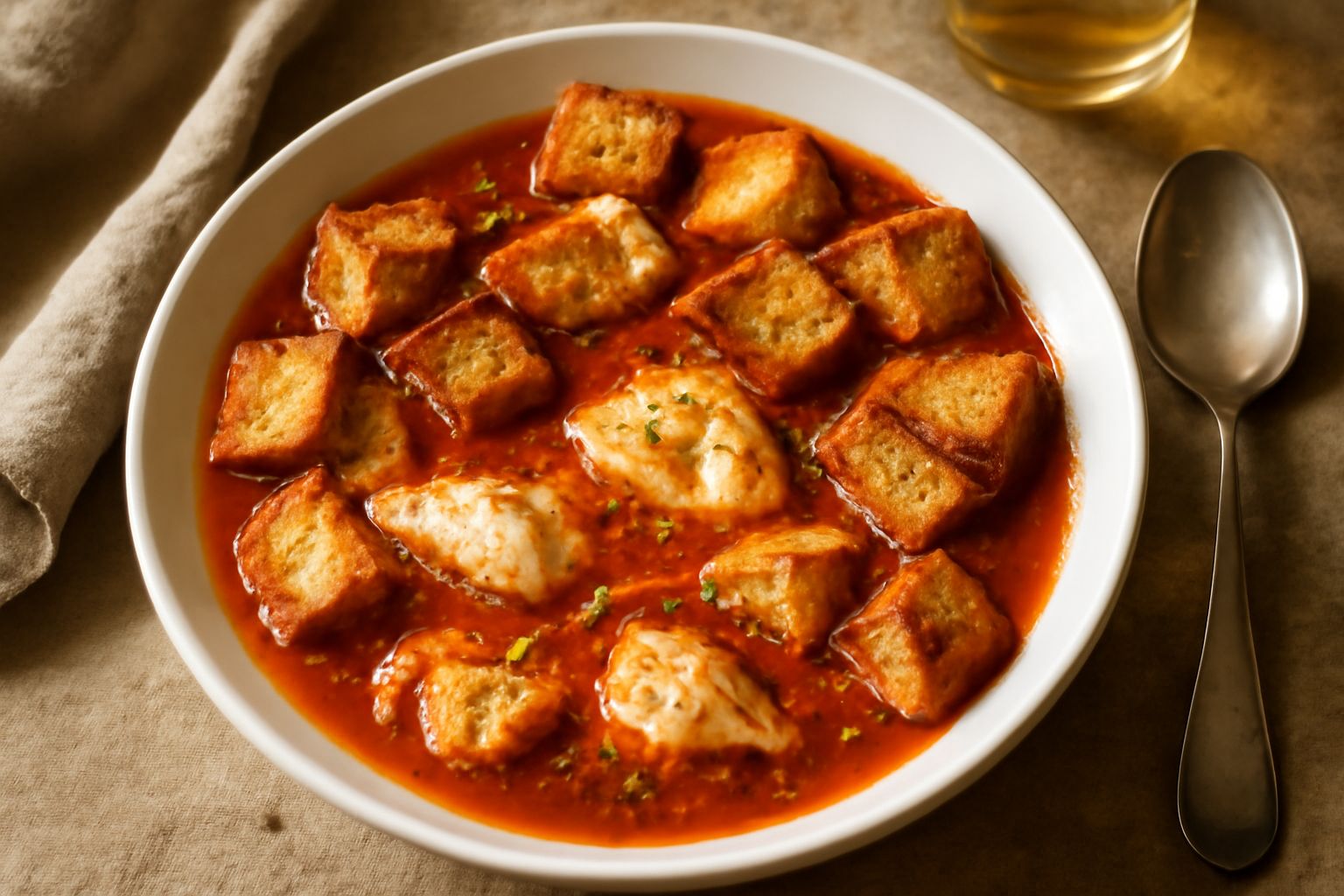Zuppa di pesce in una ciotola di ceramica bianca, con pezzi di pane dorato tostato immersi in brodo rosso-arancio ricco di pomodoro, pieces di pesce bianco visibili, cicoria ripassata come guarnizione