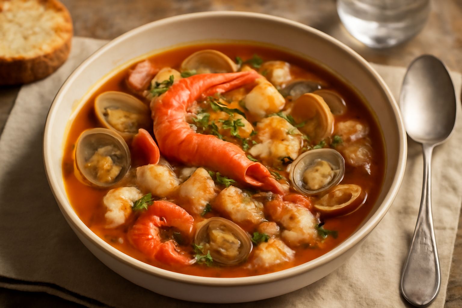 Una zuppa di pesce in pentola di ceramica bianca, con brodo trasparente rosato, vongole aperte, gamberi rossi, pezzi di pesce bianco e prezzemolo verde fresco, servita con fette di pane tostato ai lat