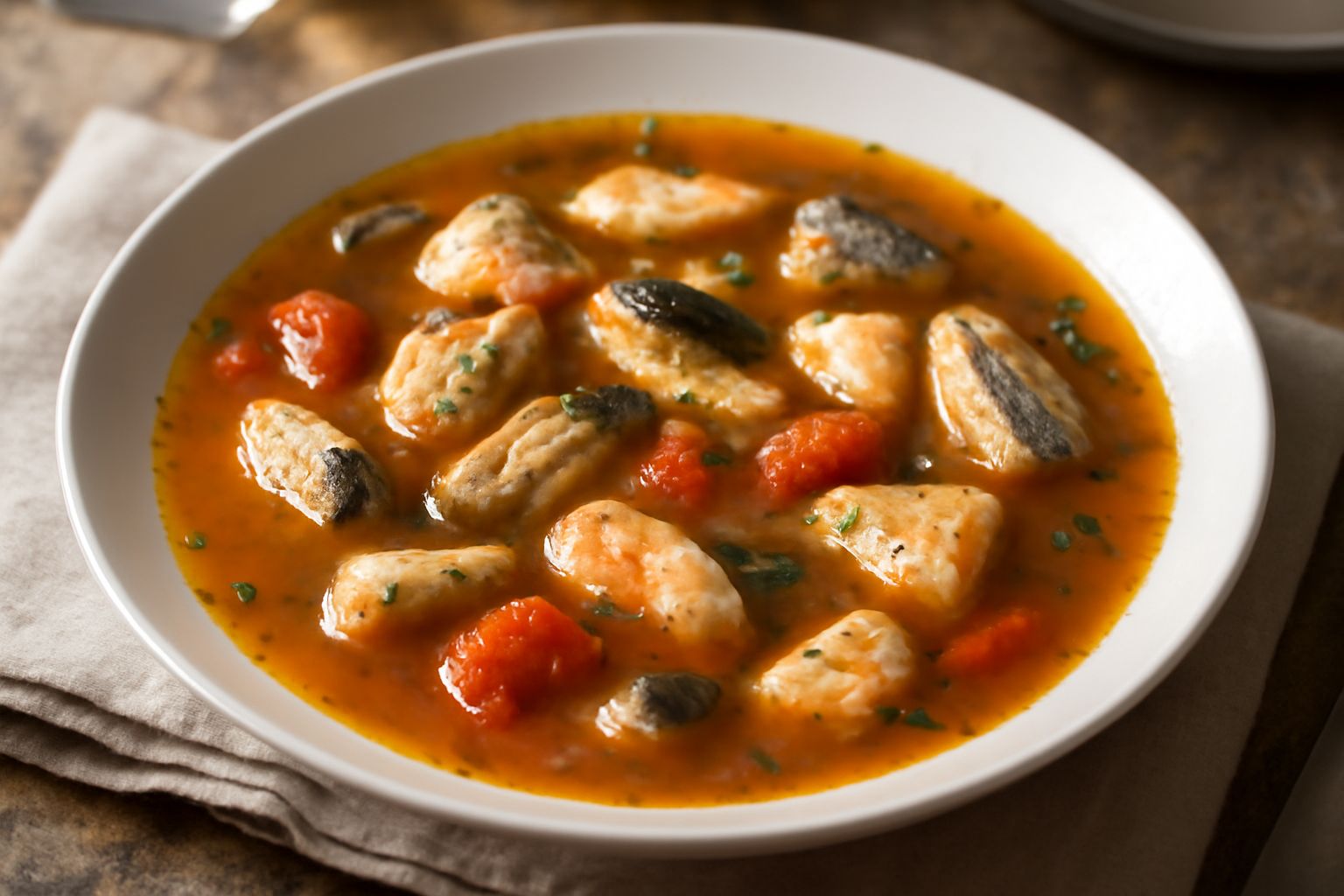 Zuppa di pesce in ciotola bianca profonda, con pezzi di branzino, tranci di merluzzo, pesce azzurro intero, pomodori rossi, aglio, prezzemolo fresco verde e fette di pane tostato ai bordi. Olio d'oliv