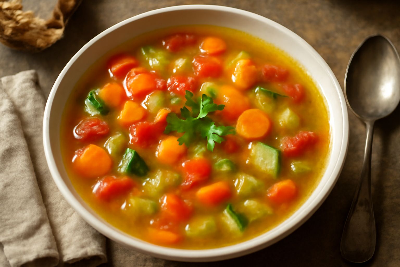 Zuppa di verdure in ciotola bianca con carote, zucchine, pomodori e sedano visibili, olio verde in superficie, cucchiaio di legno, panno di lino beige sullo sfondo