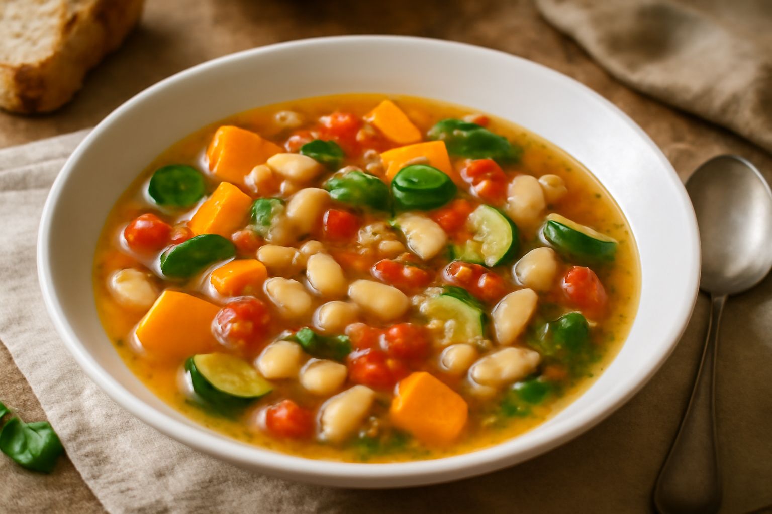 Zuppa di verdure miste in ciotola bianca: carote tagliate a dadini, zucchine verdi, pomodori, fagioli bianchi visibili nel brodo dorato, con una fogliolina di prezzemolo fresco e gocce d'olio verde su
