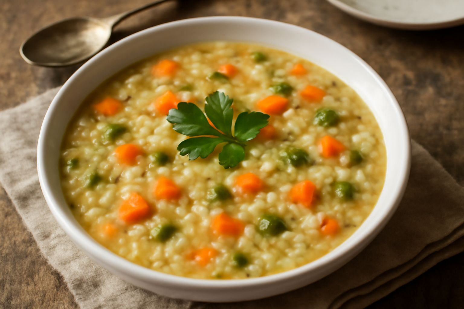 Zuppa densa servita in ciotola bianca con carote tagliate a dadini arancioni, sedano verde pallido, riso bianco visibile in sospensione nel brodo trasparente, gambo di prezzemolo fresco come guarnizio