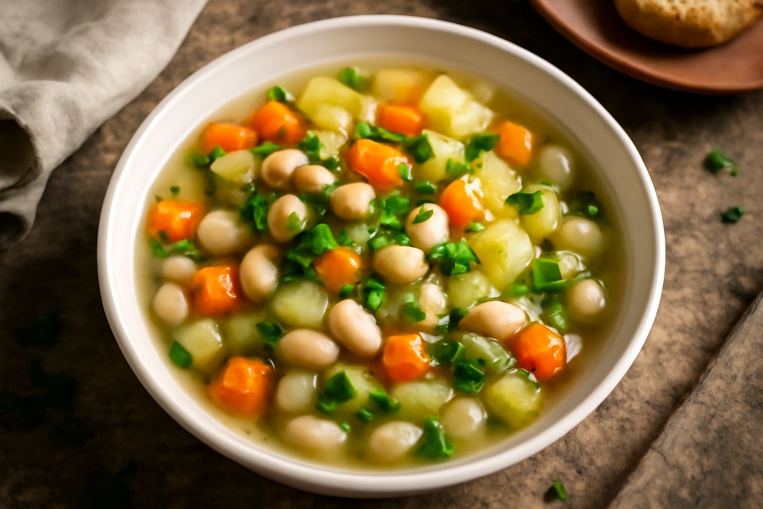 Una ciotola bianca con zuppa di verdure miste fumante: carote arancioni, zucchine verdi, patate gialle e fagioli bianchi in un brodo trasparente, con prezzemolo fresco tritato in superficie e un cucch