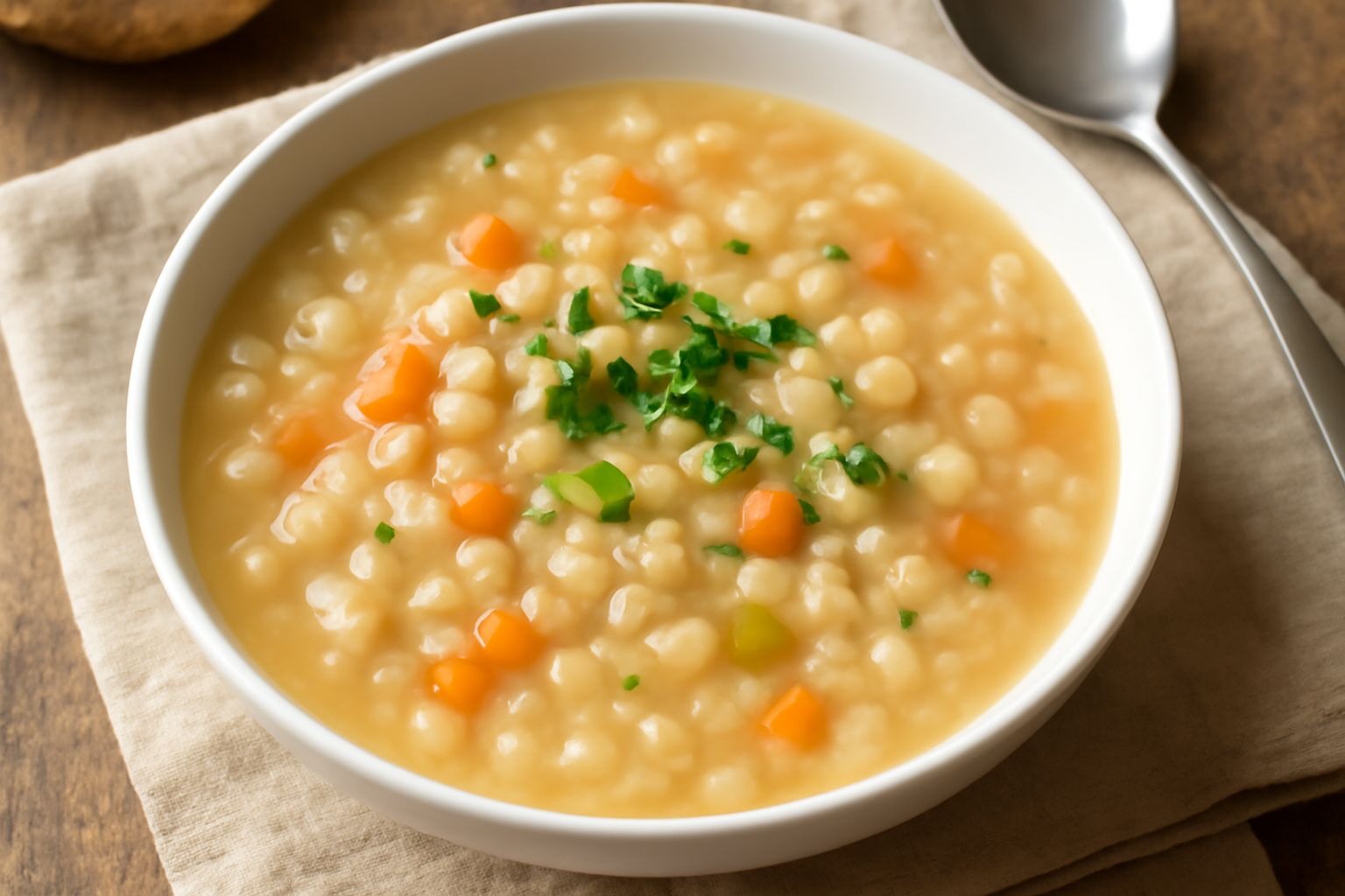 Zuppa d'orzo in una scodella di ceramica bianca, con chicchi d'orzo visibili e morbidi, brodo trasparente e fumante, pezzetti di carota arancione, sedano e prezzemolo fresco sopra, servita con cucchia
