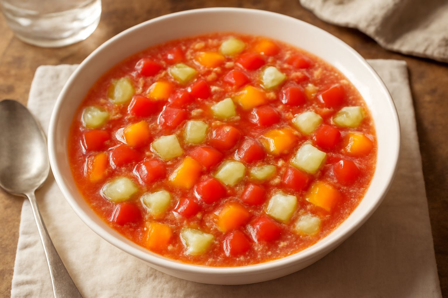 Ciotola di ceramica bianca con zuppa fredda di verdure rosso-arancio, pezzi visibili di pomodoro e peperone, gocce di olio verde in superficie, ghiaccio galleggiante, accompagnata da una fetta di pane